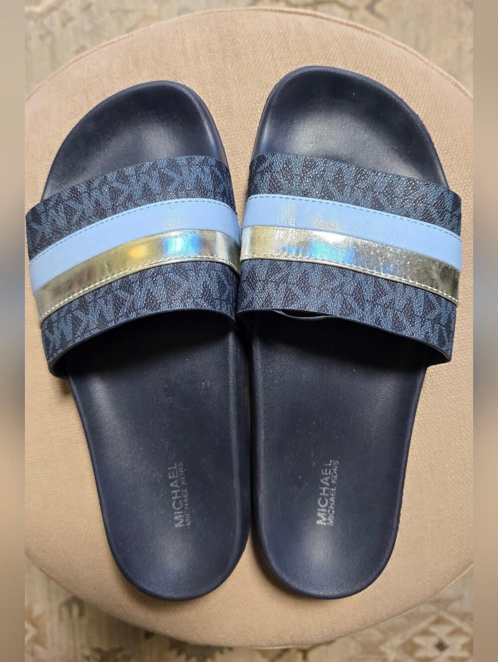 Michael Kors Slide Sandals Women Size 8 Blue Monogram Metallic Silver Strap